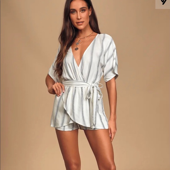 Lulus Pants - Lulus Climb Aboard Grey and White Striped Romper